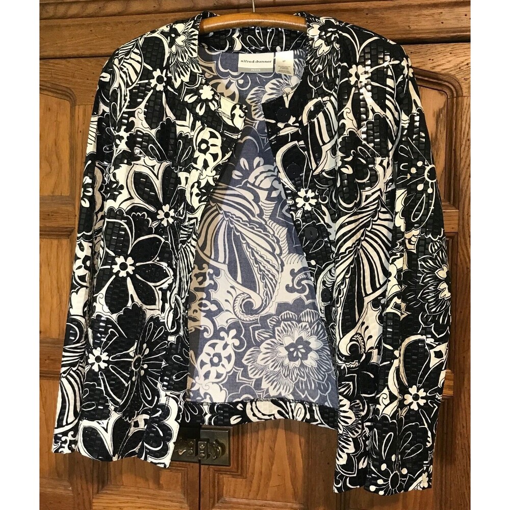 ALFRED DUNNER Women's Size 6P Jacket Button Up Black & White LS Rd Neck Pockets - Picture 3 of 12